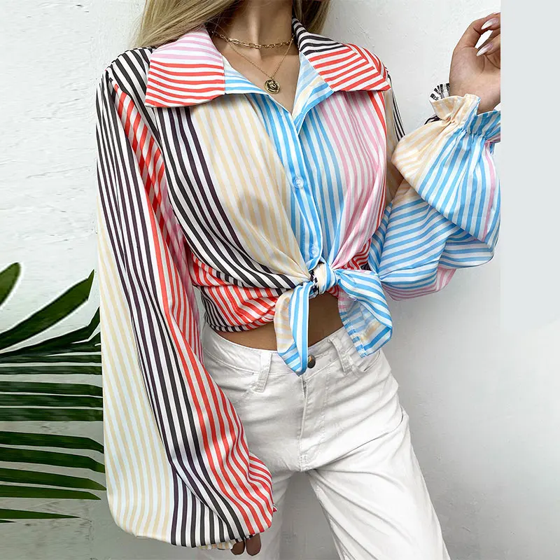 

Autumn Long Sleeve Shirt Woman Blouses Stripes Casual Women Clothing Button Loose Female Shirts 2021 Turn-down Collar Top Woman
