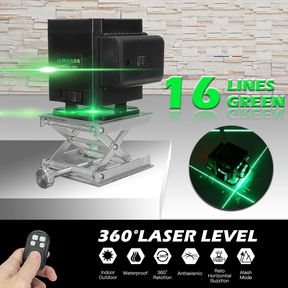 

4D 16 Lines Laser Level Green Line 360° Self-Leveling Horizontal and Vertical Cross Measure Tool Powerful Laser Leveling Device