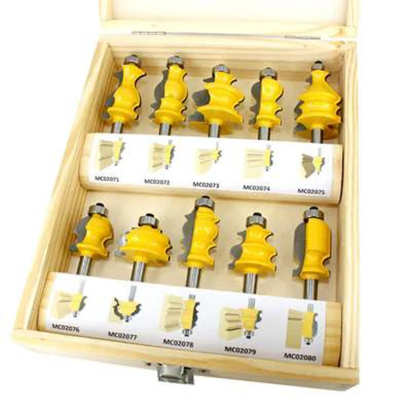 10pcs 8mm Shank Architectural Molding Handrail Router Bits Set Casing Base CNC Line Woodworking Cutters Face Mill