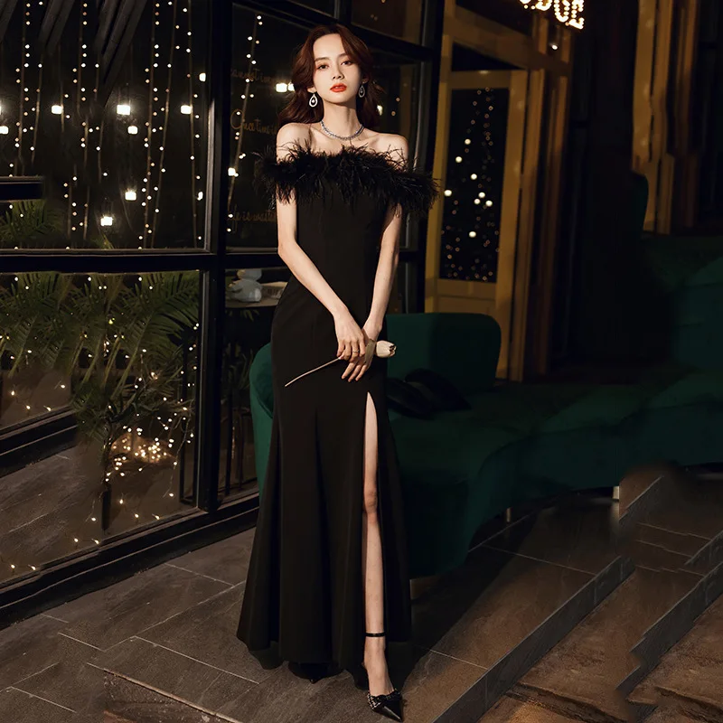 

Black Mermaid Dress for Female 2021 New Style Elegant One-shoulder Ladies Banquet Temperament Host Birthday Party Dress K096