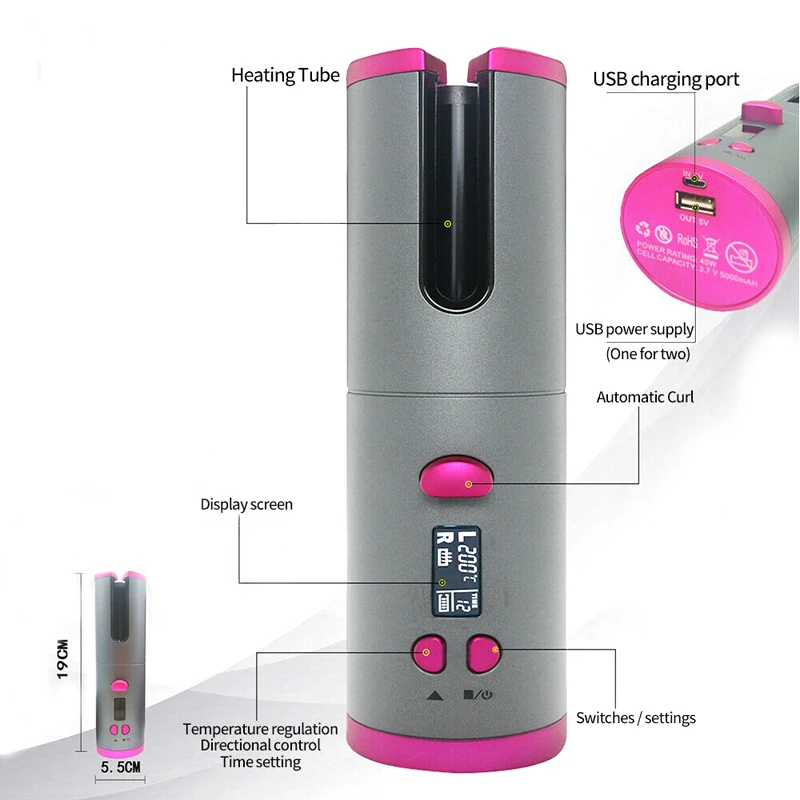

Wireless Hair Curler Automatic Curling Iron Ceramic Rotating Cordless USB Rechargeable Timer LCD Digital Hair Stying Tools
