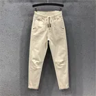Женские джинсы с эластичным поясом, белые свободные хлопковые брюки до щиколотки, цвет хаки, черный, Y467, лето-осень