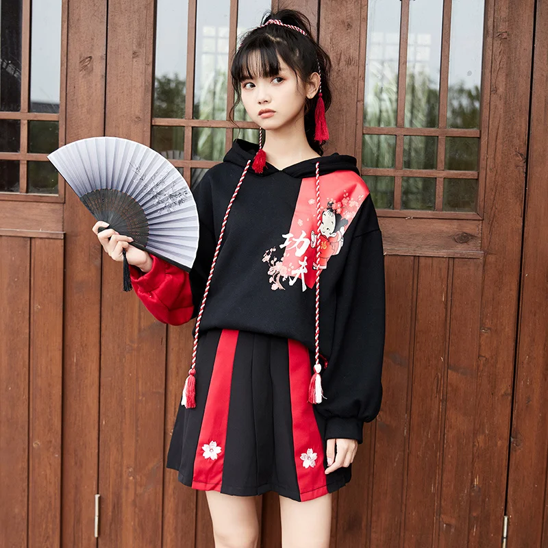 

Флисовые черные толстовки в стиле Харадзюку с китайским принтом, бархатная толстовка с капюшоном, женский зимний Милая теплая кофта оверса...