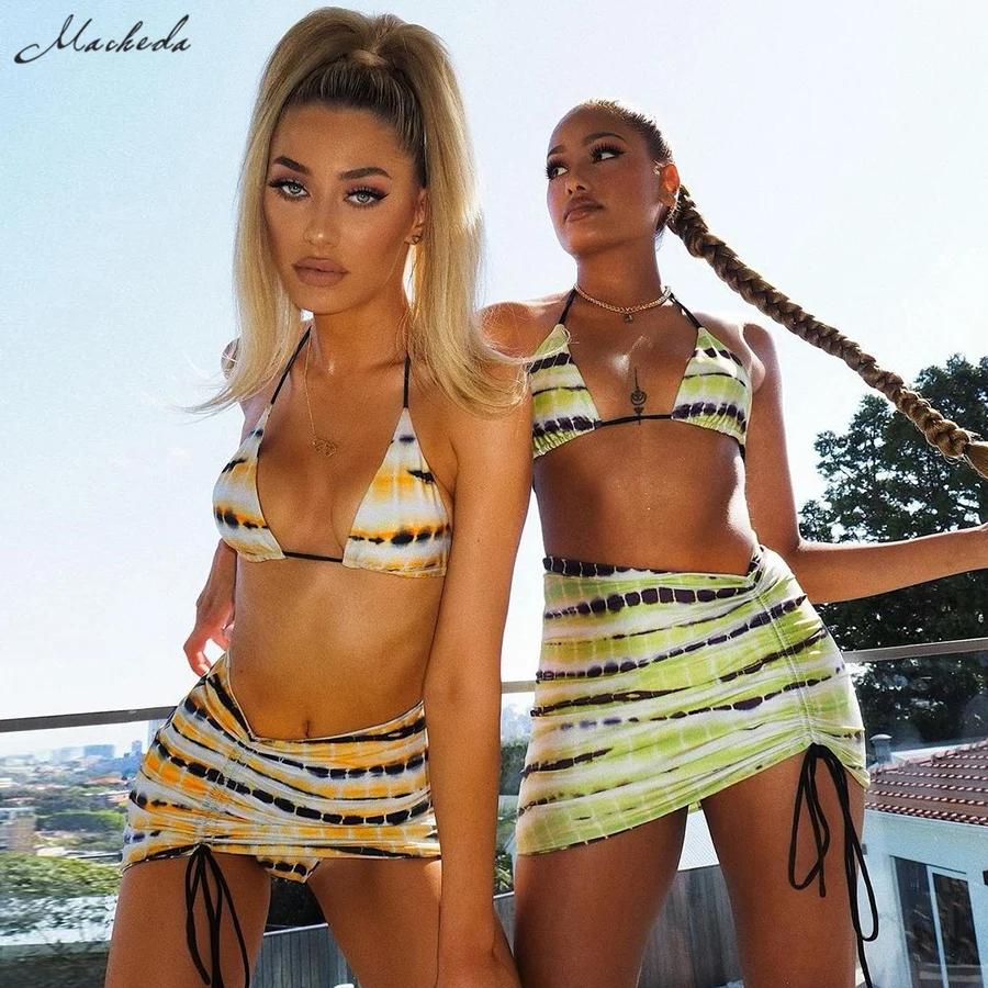 

Macheda Summer Sexy Lace Up 2 Pcs Set Women Slim Fashion Print Halter Sleeveless Cropped Top And High Waist Skirt Outfit 2021