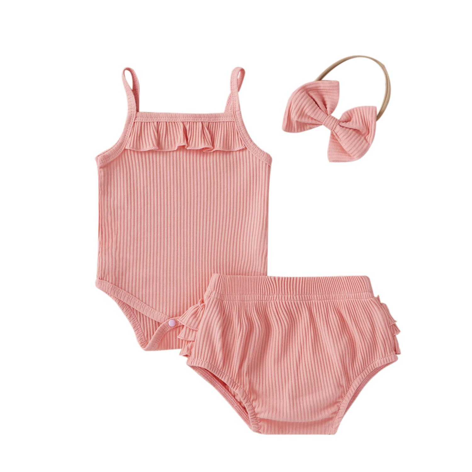 

3Pcs Fashionable Baby Girls Outfit, Summer Breathable Solid Color Sleeveless Suspender Romper + Casual Shorts + Bow Headwear