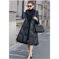 black leather coat womens autumn winter genuine sheepskin thicken coat medium length hooded leather outerwear casual trench