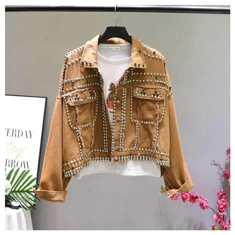 Осень Харадзюку красная джинсовая куртка Женское пальто Тяжелая ручная расшитая бисером заклепка короткая черная джинсовая куртка Студенческая Базовая куртка наряд