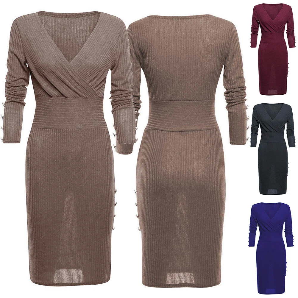 Sexy Women Solid Color V Neck Long Sleeve Slit Midi Dress Workwear Slim Elegant Pencil Autumn Party | Женская одежда