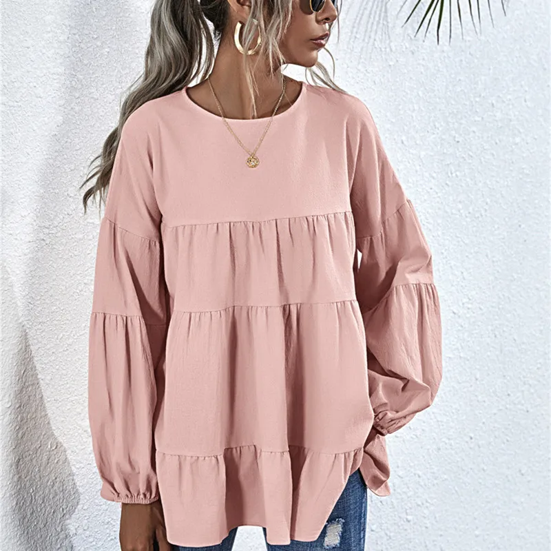 Женская свободная футболка с длинным рукавом Однотонная круглым вырезом и