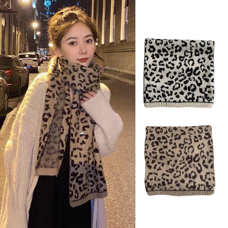 

178x33cm Women Vintage Leopard Print Knitted Long Scarf Korean Style Harajuku Thick Warm Pashmina Wide Shawl Wrap Blanket L41B