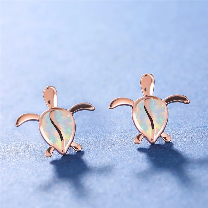 Cute Female Small Turtle Animal Stud Earrings Rose Gold Color Wedding Elegant White Blue Opal For Women | Украшения и аксессуары