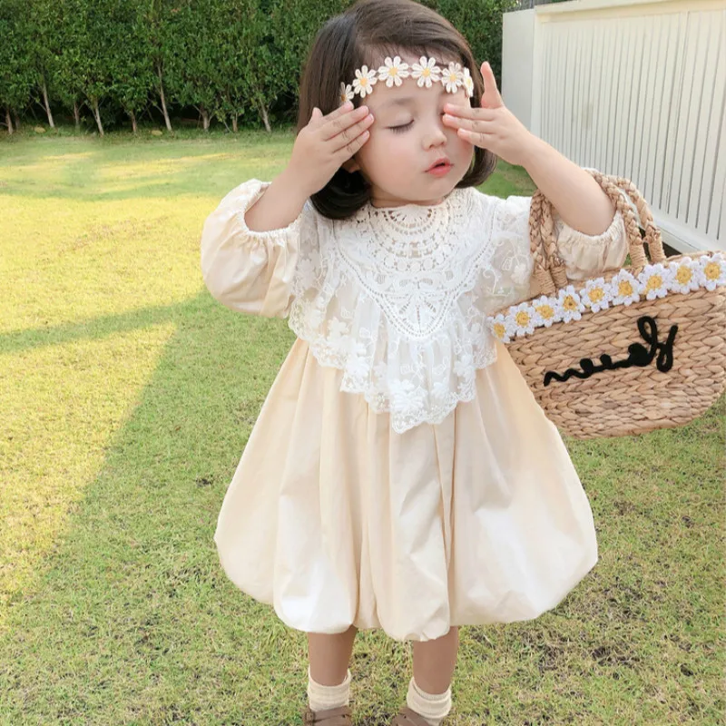 

2021 Spring Children Lace Patchwork Retro Princess Dress Kids Sweet Cotton Clothing Elegant Children Party Clothes, #9308