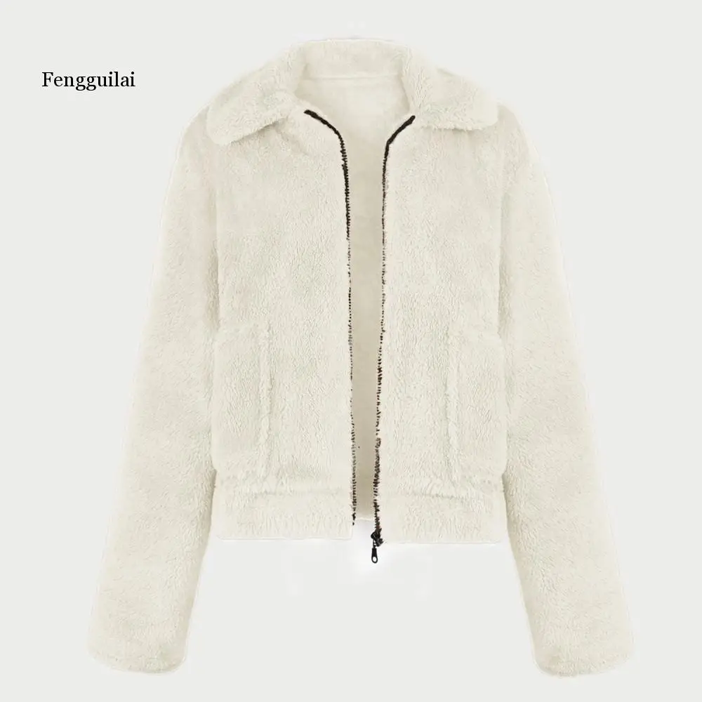 

Women Ladies Winter Casual Warm Fluffy Faux Fur Jacket Solid Zipper Furry Fake Fur Cropped Coat Overcoat Outerwear
