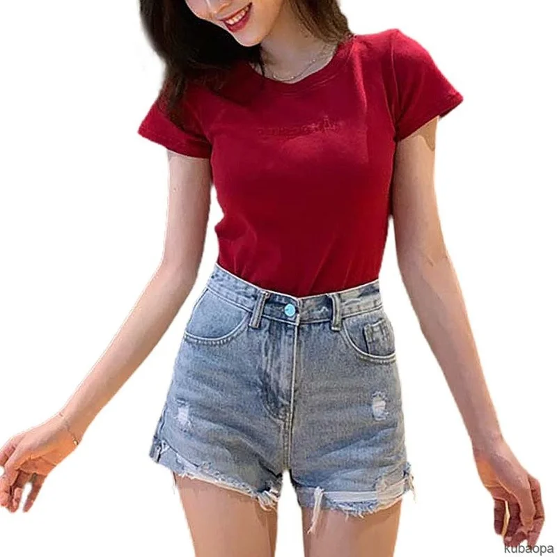 

Free Shipping Women Slim Short Sleeve Tee Ladies Round Neck Letter Print Soft Breathable KU