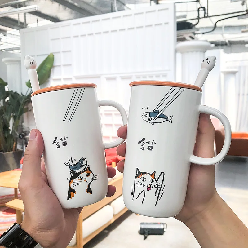 Кофейная кружка керамическая с изображением милого кота крышкой ложкой кружки