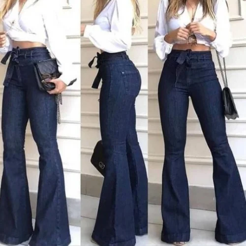 

High Waist Micro Elastic Lace Up Flared Pants Wide Leg Pants Women's Jeans Sweatpants Jeansy Pants Slimming Summer Pants