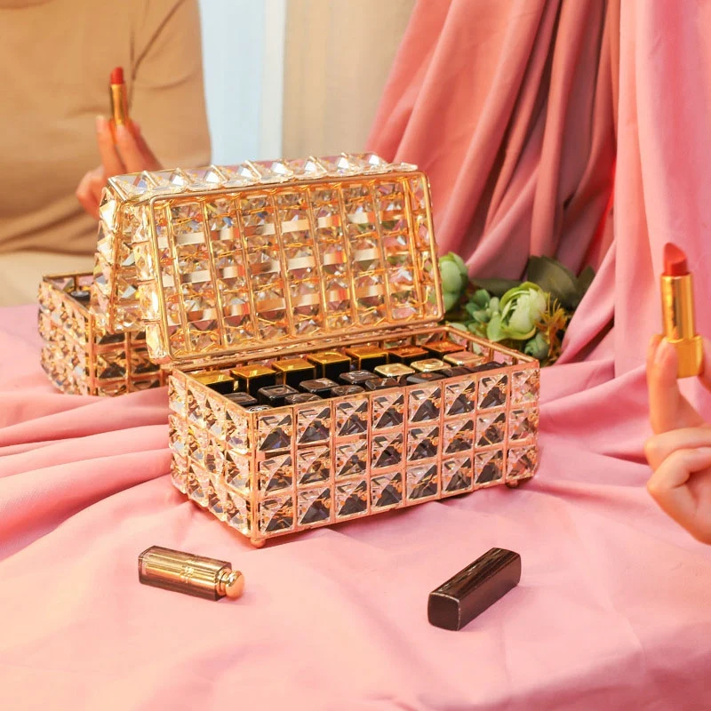 

Luxury Makeup Lipstick Organizer Crystal Box Home Desktop Cosmetics Lip Gloss Container Storage Tray with Cover