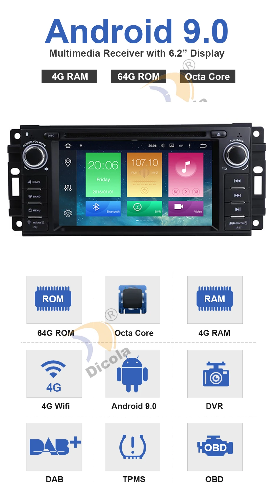 6," Android 9,0 Восьмиядерный 4G+ 64G Автомобильный Радио dvd-плеер gps навигация для JEEP свобода патриота Wrangler Компас DODGE Chrysler