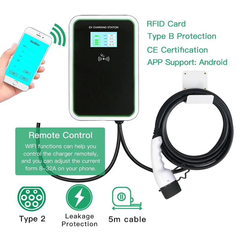 

EV Charging Station Cable 32A Electric Vehicle Car Charger EVSE Wallbox Wall Bracket Type 1 Cable SAE J1772 Level 2 240V 7.6 KW
