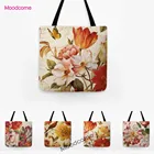 Большая водонепроницаемая сумка-тоут из хлопка и льна в стиле ретро с изображением цветов, птиц, бабочек и маслом для покупок, большая сумка на плечо с цветочным принтом
