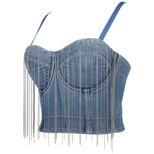 

Denim Jeans Scratched Women's Button Diamonds Ripped Push Up Bustier Night Club Party Crop Top