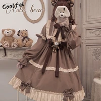 coolfel japanese gothic lolita dress women kawaii bow ruffles camel dress long sleeve princess costume dresses