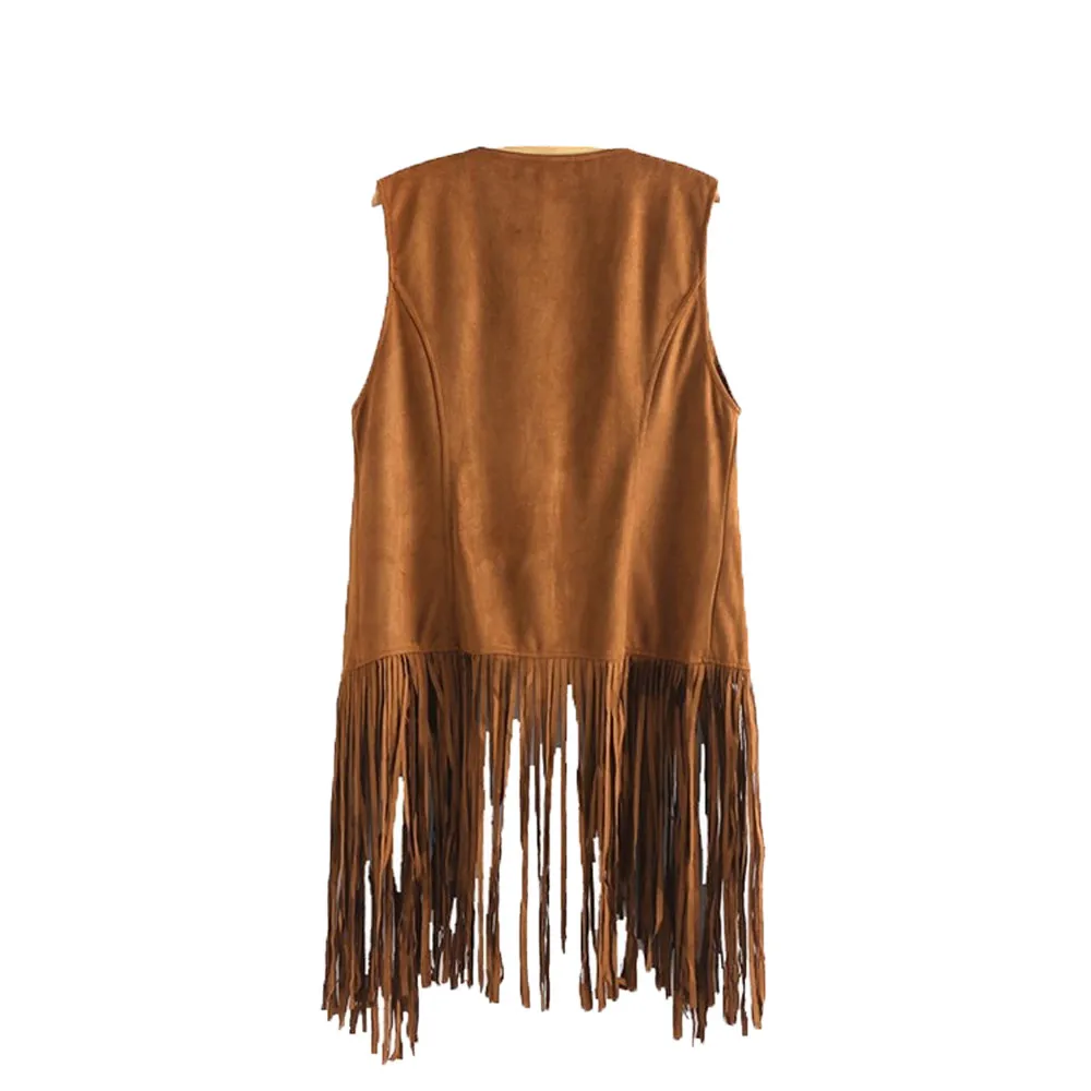 Женское замшевое пальто этнический кардиган без рукавов с бахромой и кисточками