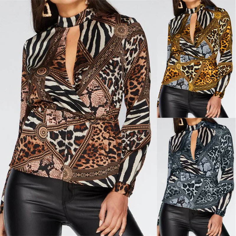 

Spring and Summer New Sexy Leopard Printing Round Neck Ladies Chiffon Shirt Women Long Sleeve Shirts Streetwear