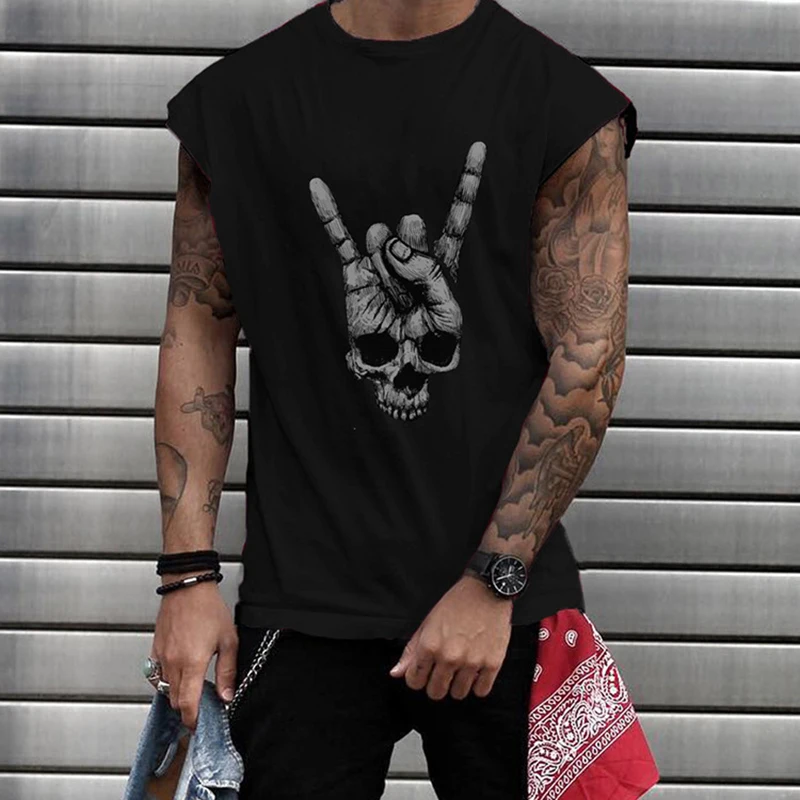 

Harajuku Fashion Rock Skull Print Tank Tops Men 2021 Casual O-Neck Sleeveless Vest Shirt Summer Mens Clothes Retro Streetwear 3X