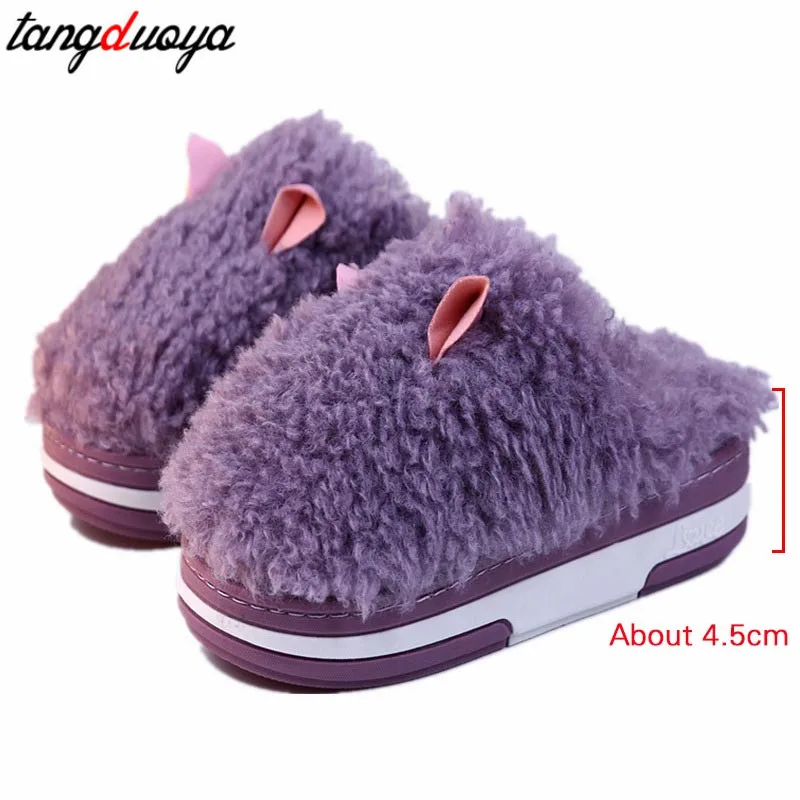 

Slippers Fur House Shoes Slides Flock On A Wedge Platform Fashion Med Women Heels Plush Bedroom 2021 Winter Luxury Flat High