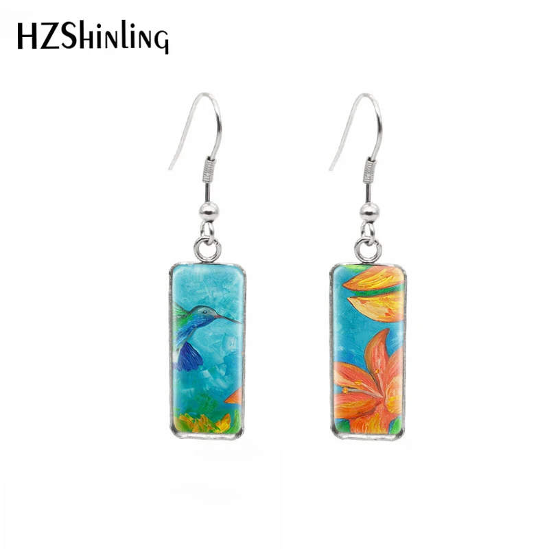 Цветок Колибри картина маслом прямоугольные крючки Серьги Висячие капли стекло