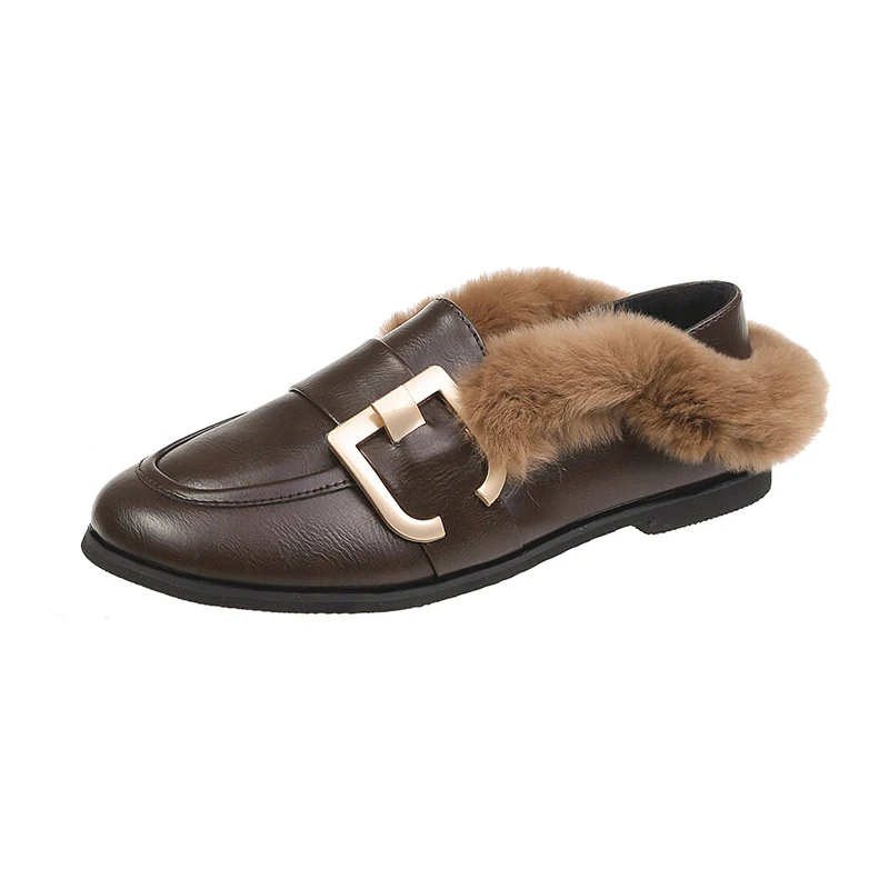 Winter mules slides outside fur slippers metal buckle flats slip-on slingback flip flops Korean casual round toe plush |