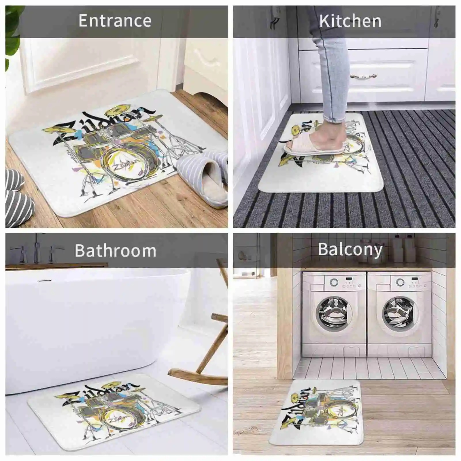 Zildjan Drums Illustration Art Soft House Family Anti-Slip Mat Rug Carpet Music Punk Pearl Drum Kit Set | Дом и сад