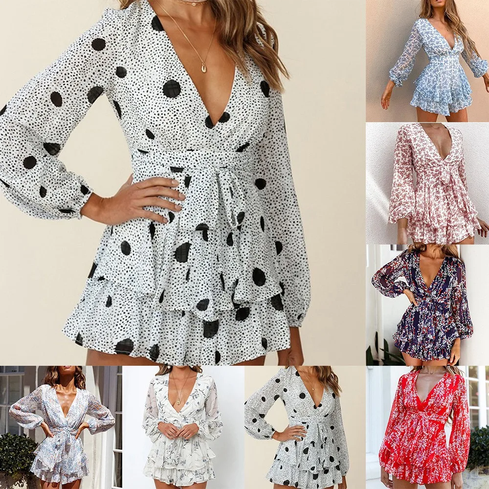 

Women Jumpsuit Ruffle Semi-Sheer Long Sleeve Print Dress One Piece Overalls 2021 Women Clothing Deep V Neck Ladies Jumpsuit