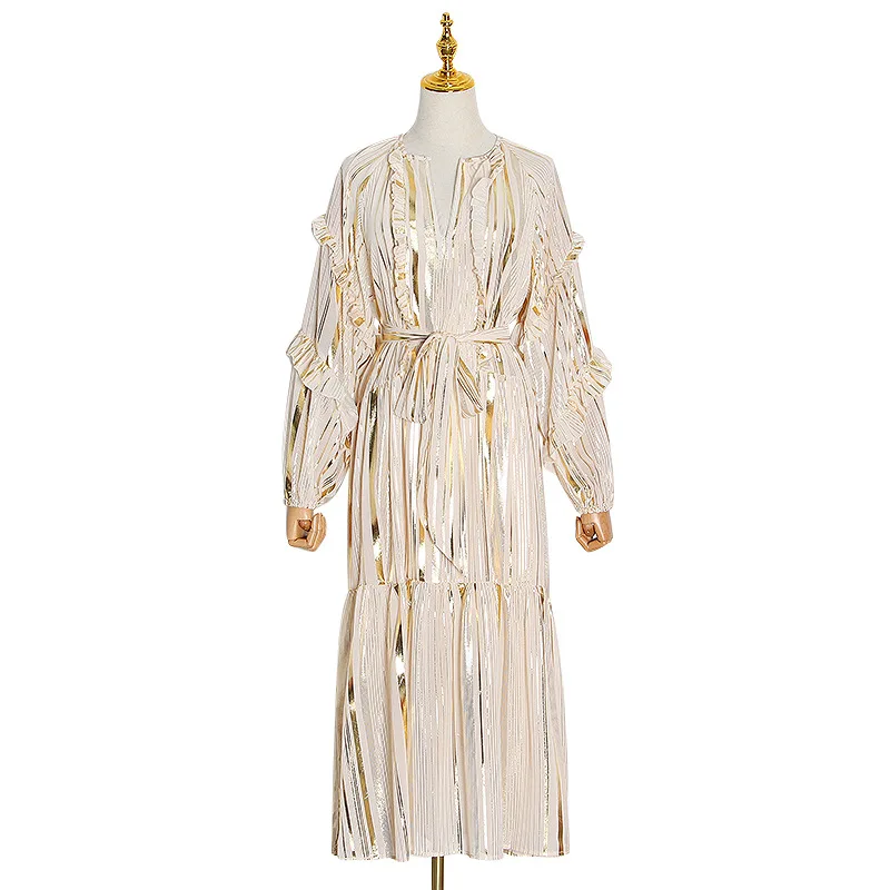 

Tide brand retro court style v-neck lantern sleeve striped lace-up ruffled mid-length dress for women