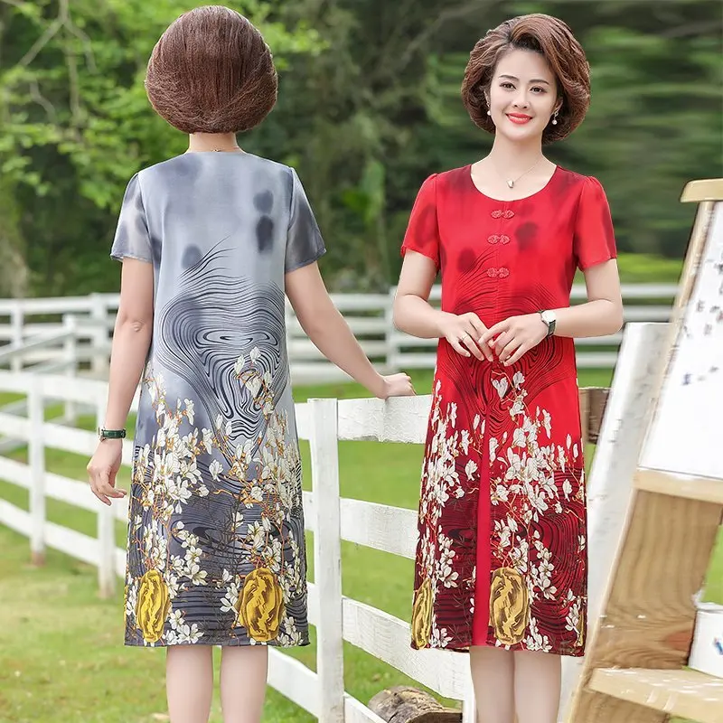 

Size 5XL Summer Plus Women Dresses Elegant Slim Fake Two Pieces Chiffon Middle-aged Short-Sleeve Print Dress Female