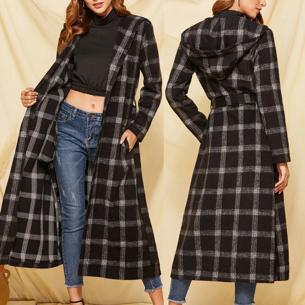 Fashion Winter Coat Women Ladies Sashes Plaid Long Cardigan Camouflage Long Sleeve Coat Outerwear Wool Coat пальто женское Z4