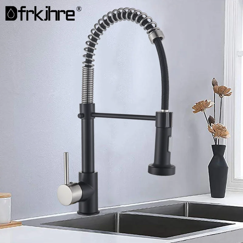 

Matte Black Spring Kitchen Faucets Deck Mounted Mixer Tap 360 Degree Rotation Stream Sprayer Nozzle Kitchen Sink Hot Cold Taps