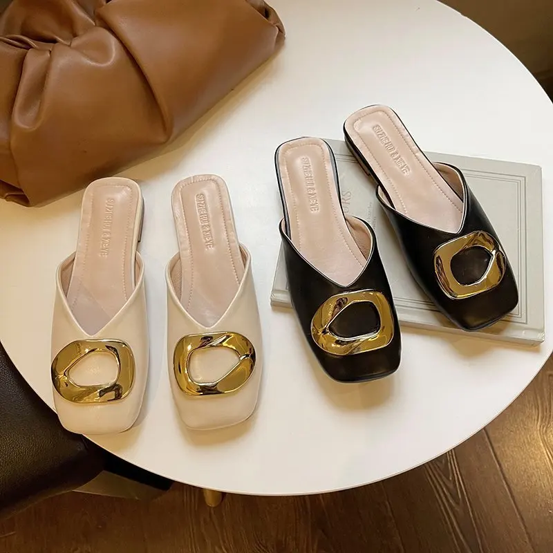 

Female Shoes Cover Toe Loafers Ladies' Slippers Low Rivet Mules For Women 2021 New Rubber Summer Soft Flat Slides Metal Decorati