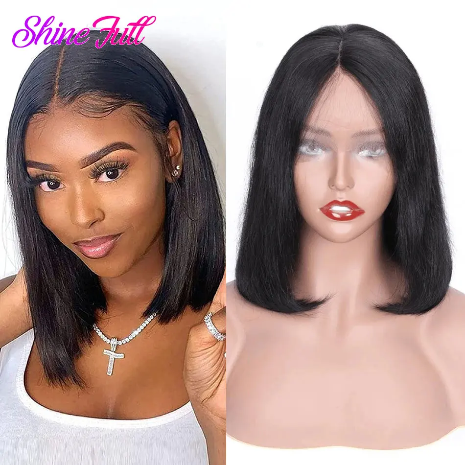 ShineFull hair Bob short Hair Brazlian 4X4 lace Closure wig with Pre Plucked Hairline human For Black Women 150% Density | Шиньоны и