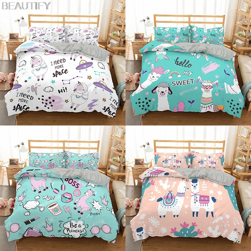 

Cartoons lovely Alpaca Pattern Bedding Set Queen Size Duvet Cover Comforter Bed Cover Set Bedclothes Quilt Multiple Size 3PCS