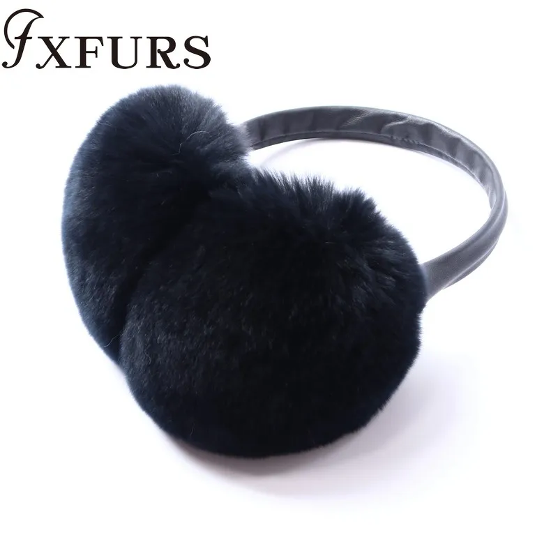 black FXFURS/ женские модные меховые наушники с кроликом Рекс, с кожаной полкой, зимние теплые меховые наушники для девочек, меховые наушники - Цвет: black