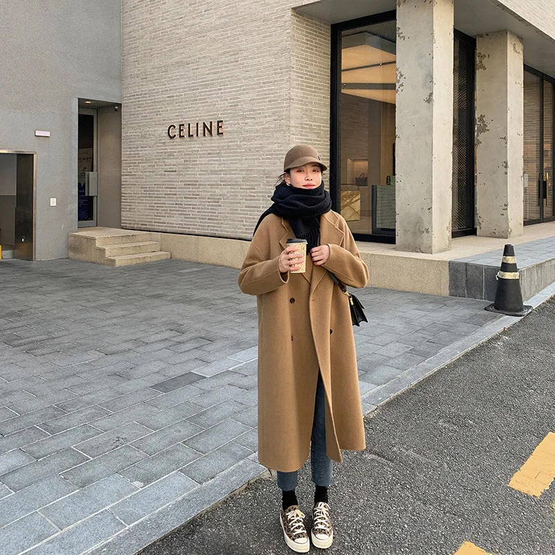 

2021 Double Breasted Loose Fit Long Suit Collar Wool Double Faced Coat
