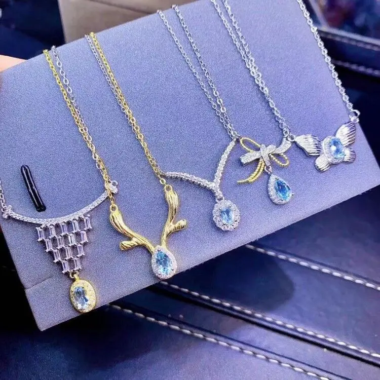 

MeiBaPJ 5 Styles Natural Aquamarine Gemstone Pendant Necklaces Real 925 Pure Silver Green Stone Fine Wedding Jewelry for Women