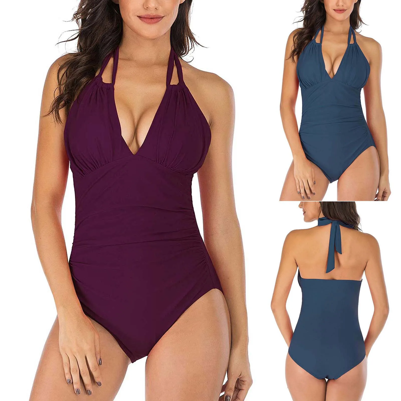 

Sexy Deep V-neck Monokini Swimsuit Women One-piece High Neck V-neckline Tankini Mesh Ruched Swimwear Bañadores Mujer 2021