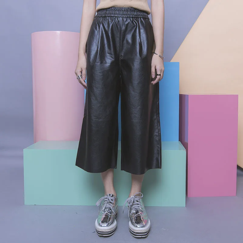 Новинка 2016 осенние модные черно зеленые широкие брюки до щиколотки из