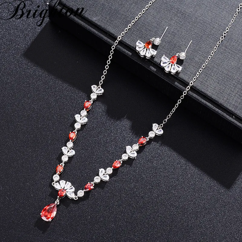 

Brighton Luxury 3Color Water Drop Zircon Drop Earrings Pendant Necklace Set For Women High Quality Chain Wedding Jewelry Gift
