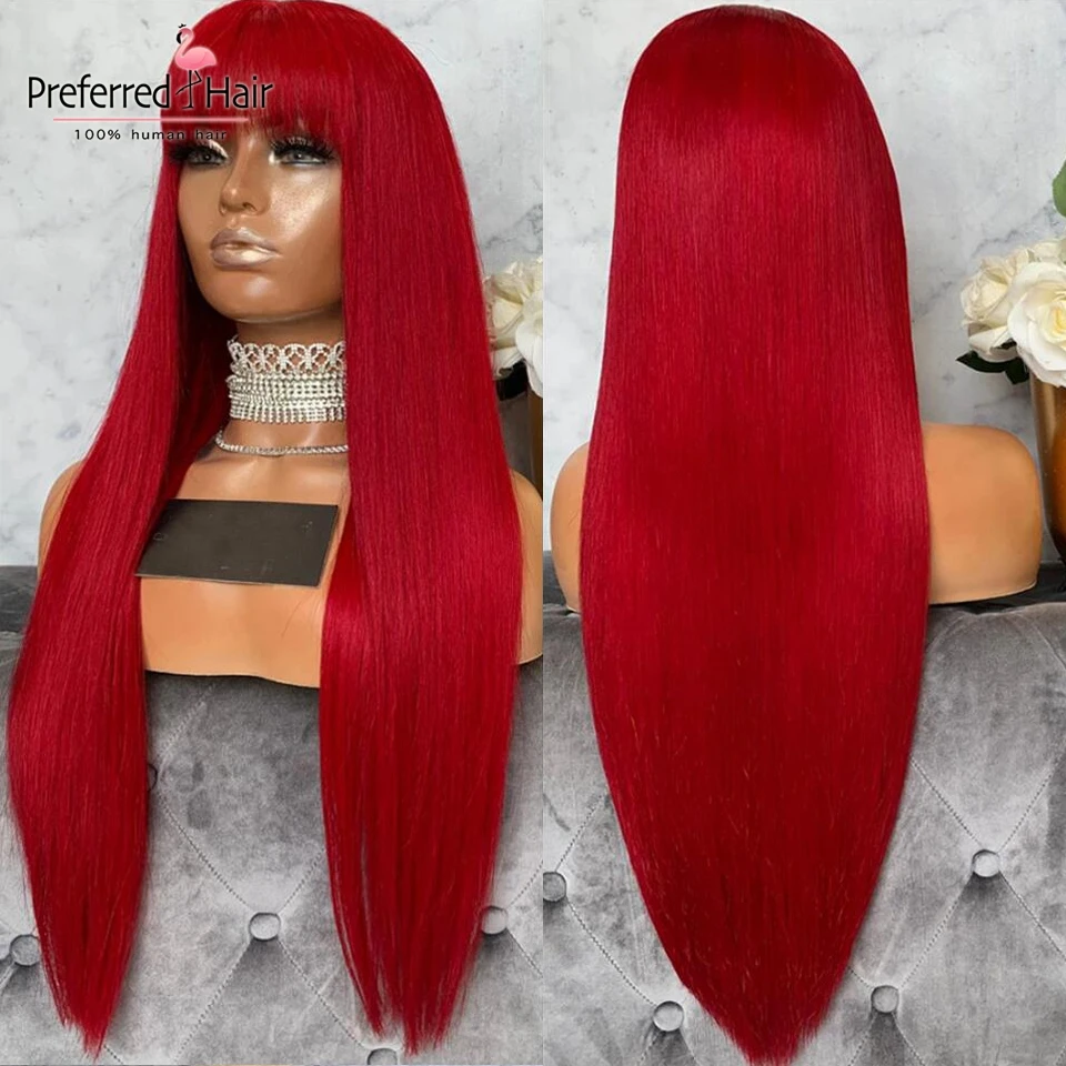 Предпочтительный Красный Оранжевый 13x6 парик фронта шнурка с челкой бразильский