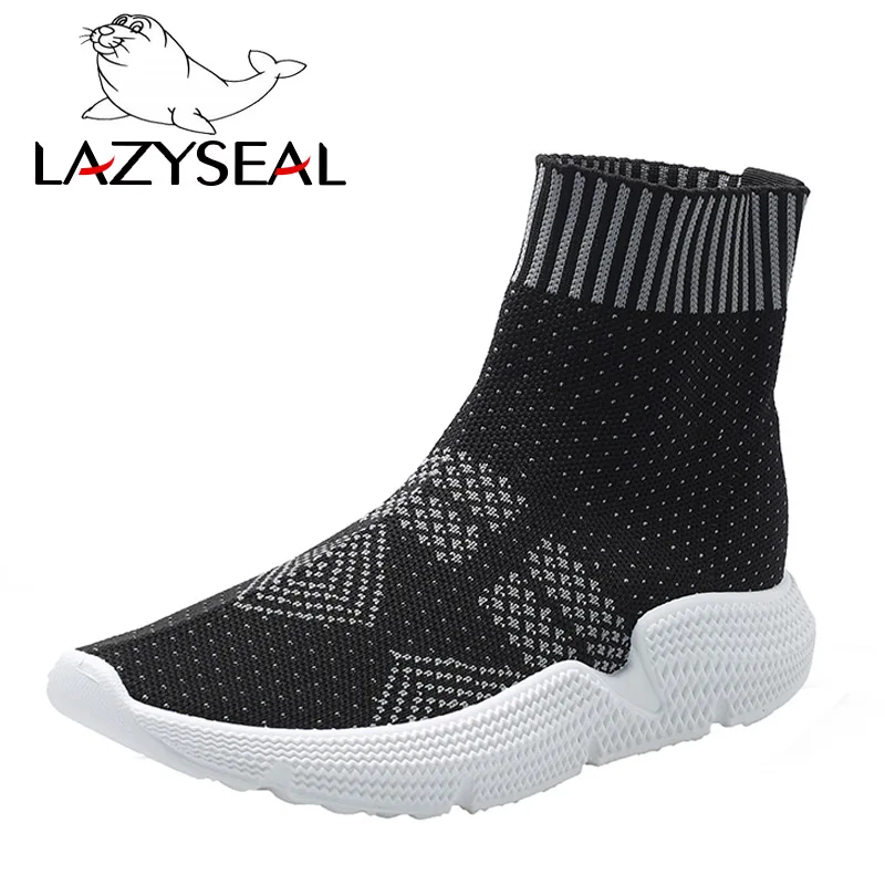 LazySeal ботильоны на не сужающемся книзу массивном каблуке; Повседневная обувь из трикотажной ткани; Новая женская обувь с квадратным носком; женские кроссовки без застежки на платформе - Цвет: Striped blacky