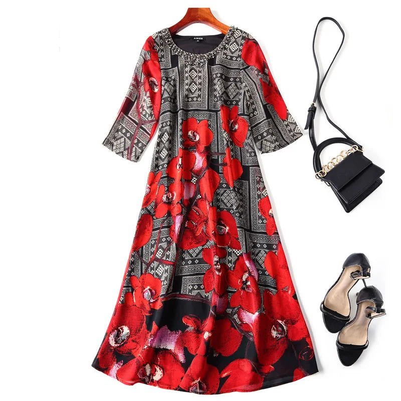 

Size New Plus Dresses 2021 Spring Summer Party Vintage Dresses Women Beading Red Floral Print Elegant Loose Silk Dress 50s 60s